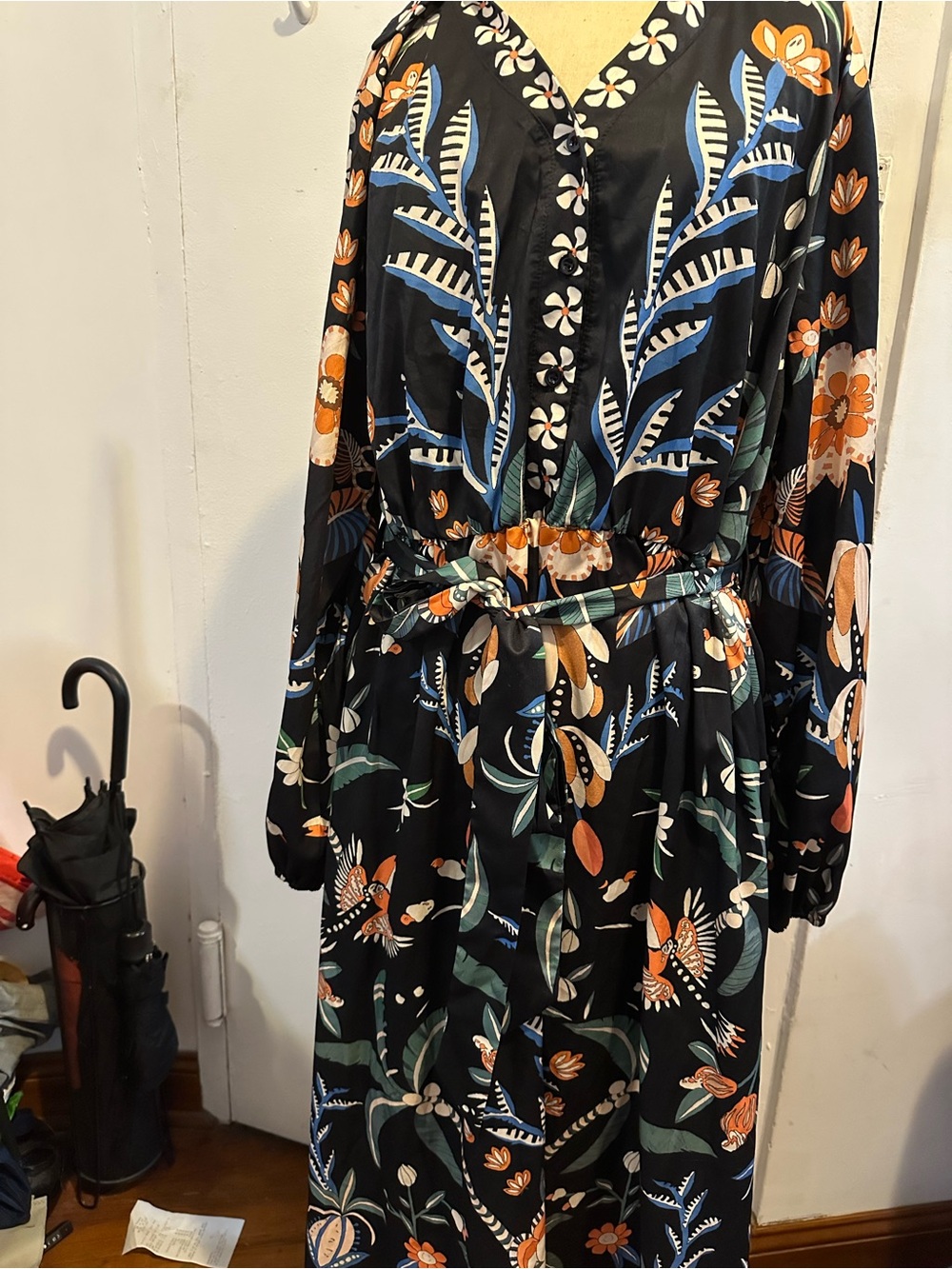 Black Floral Midi Dress with V-Neck and Self-Tie Waist